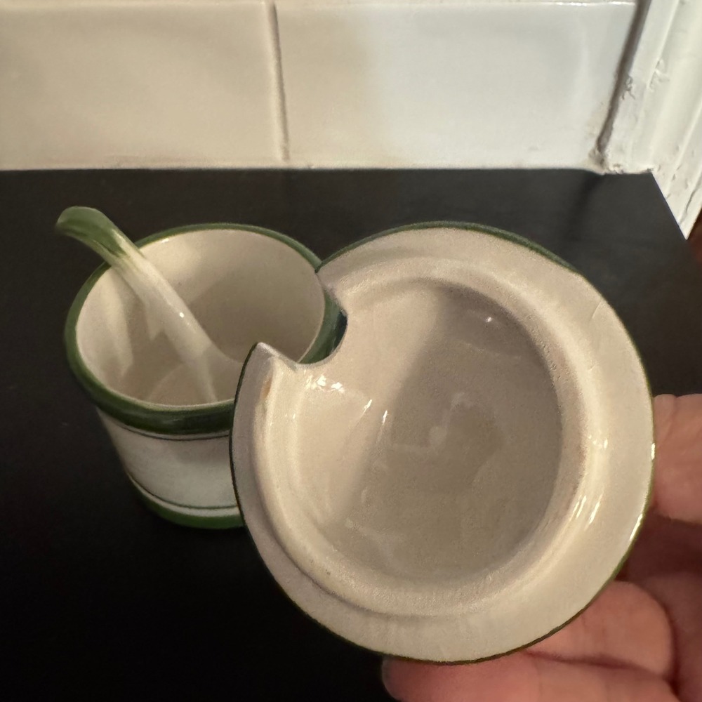 Costa Jam Jar Cream Green Italian Ceramic Strawberry Lid Spoon Fatto a Mano - Picture 3 of 7